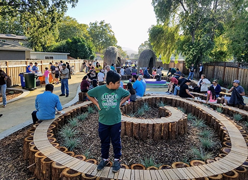 Crowds of people enjoy the play features at Linden Park, in Redwood City California designed by SSA Landscape Architects.